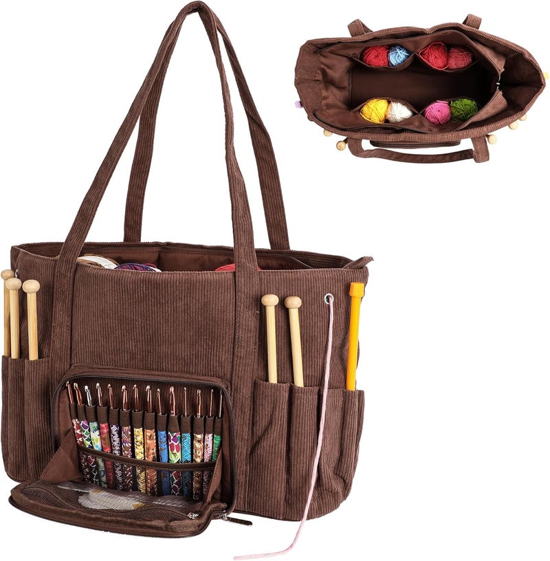 LOOEN Crochet Bag Organizer, Large Capacity Yarn Storage Bag, Portable Corduroy Knitting Bag and Totes for Travel, Used to Organize Yarn, Crochet Hooks, Ideal Gift for Crochet Lovers(Brown) - Image 1